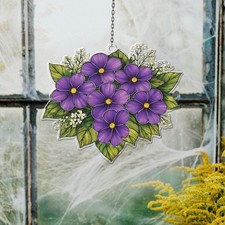 Violet Flowers Acrylic Suncatcher   Floral Window Hanging Decor
