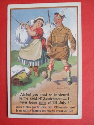 DONALD MCGILL WW1 Comic SCHOTTISCHER SOLDAT KILT GEGEN DIE KÄLTE GEHÄRTET Humor