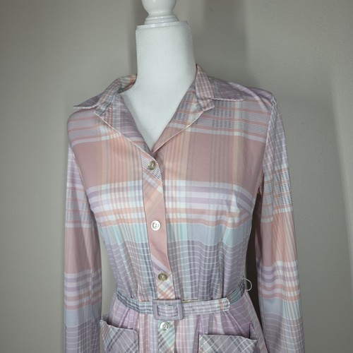 Vintage 60s 70s Pastel Plaid Half Button Long Sleeve Midi Dress Medium Pockets - Picture 3 of 12