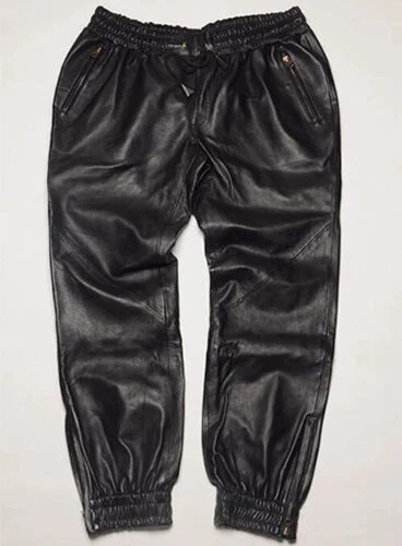 Genuine Black Leather Trousers For Men's Drawstring Pure Joggers Elastic
