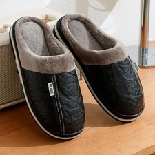 NEW Men's PU Leather Winter Slippers Fur Lined Indoor Waterproof House Shoes