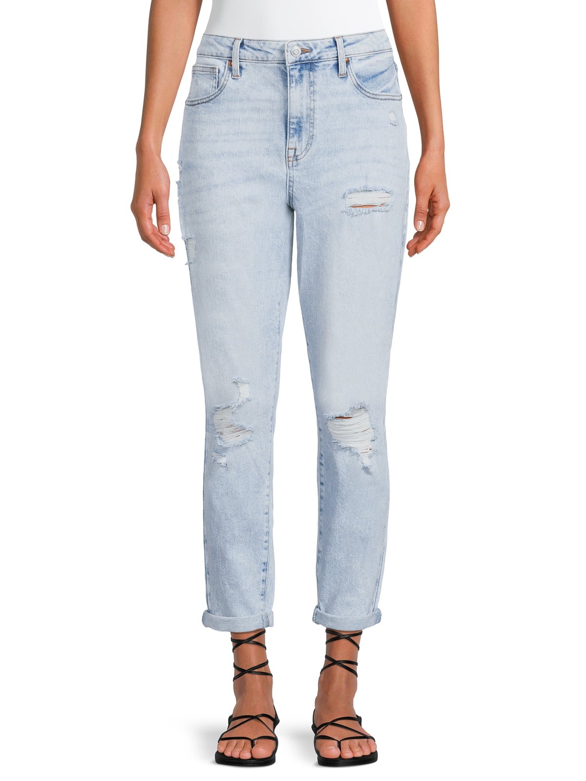 No Boundaries Juniors' High Rise Destructed Mom Jeans