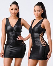 Womens Stretch V-Neck Crisscross Side Lux Bodycon Wet Look Mini Dress Party Wear