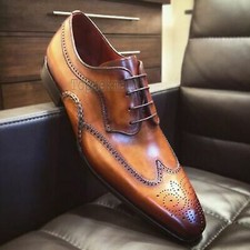 Handmade Men's Leather Oxfords Two Tone Brogue Lace Up Shaded Wingtip Shoes-351