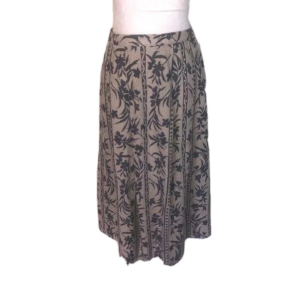 Vintage Midi Skirt Linen French Blue Floral Back Zipper Side Gussets Lined Retro-image
