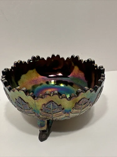 Fenton Iridescent Amethyst Rainbow Carnival 3-Footed Bowl Dish Leaves 4.5”
