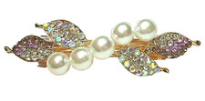 HAIR CLIP ACCESORY BARRETTE PURPLE RHINESTONES WHITE FAUX PEARL