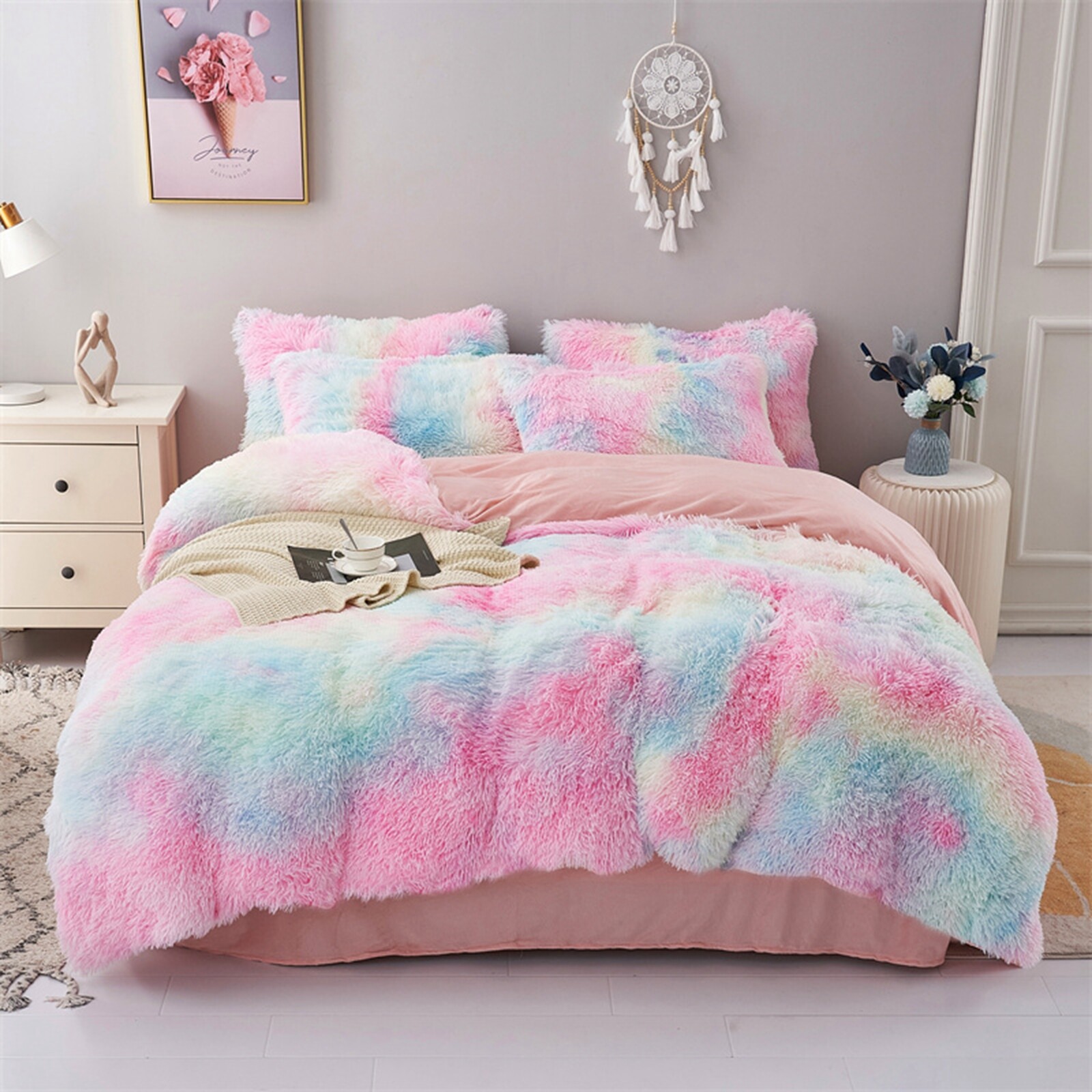 Soft Fluffy Plush Duvet Quilt Cover Set Faux Fur Doona Cover Set Queen