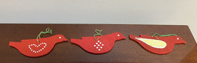 Vintage Lot of 3 Hand Painted Christmas Ornaments Balsa Wood - Red Bird Birds