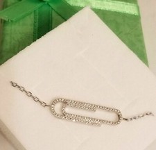 New 14k White Gold Diamond Paper Clip Bracelet Adj Chain in Box 2.6 Gr