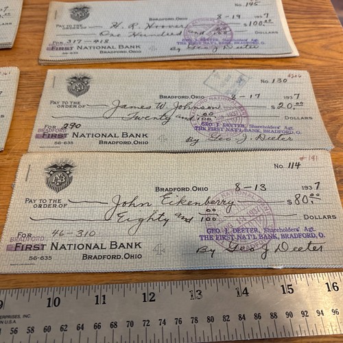 Lot of 90 Paid Shareholder Checks First National Bank - Bradford, Ohio 1937 - Picture 5 of 11