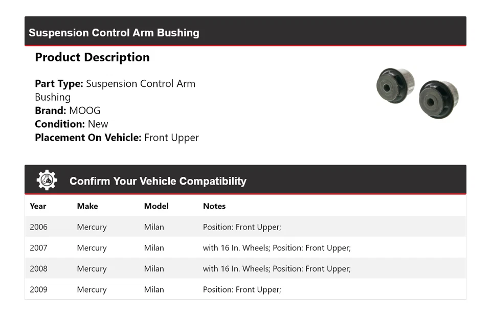 For 2006-2009 Mercury Milan Suspension Control Arm Bushing Front Upper MOOG 2006 - Image 2 of 3