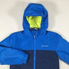 Eddie Bauer Jacket Kids Small 7/8 Blue Navy Hooded Fleece Lined Camo Coat