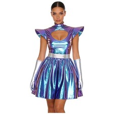 Women Alien Costume Cosplay Metallic Shiny A-line Dress for Spaced Theme Party