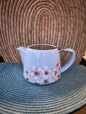 BLUE CERAMIC TEA POT STAINLESS LID FLORAL Pattern