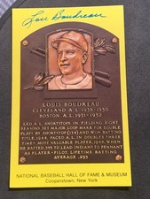 LOU BOUDREAU SIGNED HALL OF FAME PLAQUE POSTCARD CLEVELAND INDIANS EX