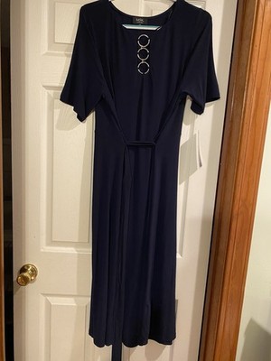 MSK Navy Knit Maxi Dress Ring Accent Round Neck Flutter Sleeve Plus 2X