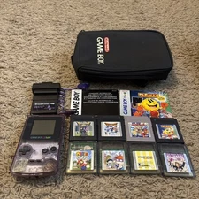 Atomic Purple Gameboy Color W/8 Games NykoLight GameShark & Case Bundle Tested