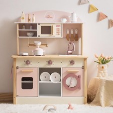 ROBOTIME Wooden Play Kitchen Set for Kids, Model: Pink, Ages 3