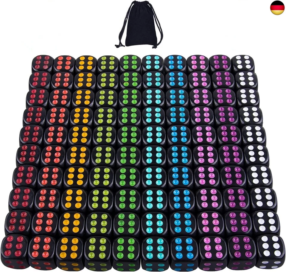 SIQUK Würfel 100er Set Abgerundete Ecke Schwarze Würfel 16mm mit Bunten Pips f