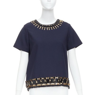 MANISH ARORA gold navy hand crafted 3D embellished top IT38 M