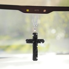 Bling Cross Car Hanging Ornament, Crystal Rhinestone Car Rearview Mirror Pendant