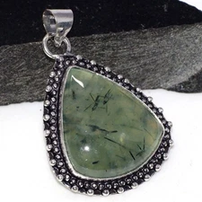 925 Silver Plated Moss Prehnite Ethnic Pendant Jewelry Size 1.8" MJ