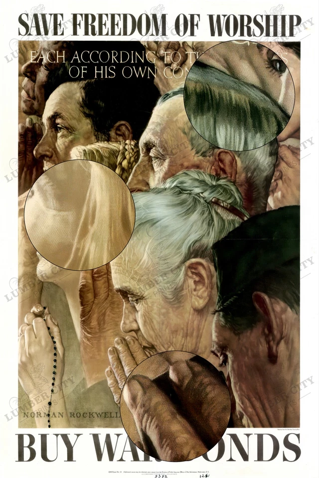 Freedom of Worship Norman Rockwell 1943 WWII Four Freedoms Poster Art USA - Image 2 of 4