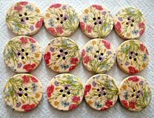 12  Large Round  Buttons 4 Holes 30mm  cream/multi floral Sewing/Craft Buttons