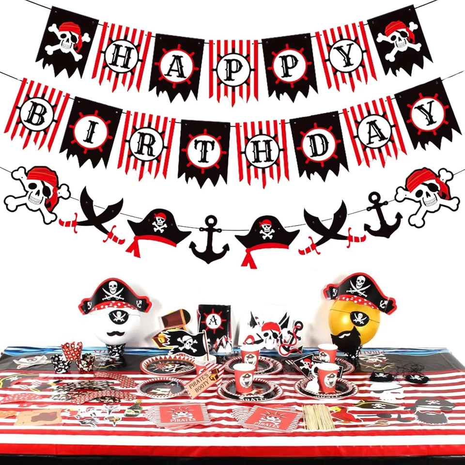 Letrero de guirnalda de feliz cumpleaños pirata rojo negro blanco para niños niñas Foto 4 de 4