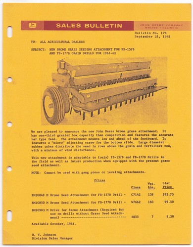 VTG 1961 John Deere Sales Bulletin Dealership Memo - BROME GRASS SEEDING ATTACH