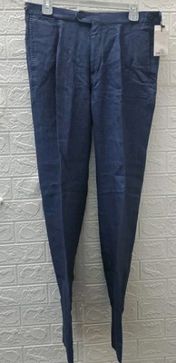 New Mango Salerno 100% Linen Slim Fit Pant Blue Size 32X32