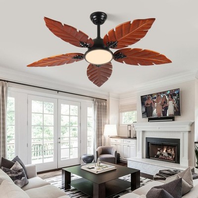 52'' Palm Leaf Ceiling Fan w/ Light, Indoor/Outdoor, Reversible, Black+Bronze