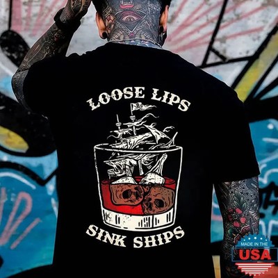 LOOSE LIPS SINK SHIPS Skulls Ship in the Water Graphic Black Print T-shirt