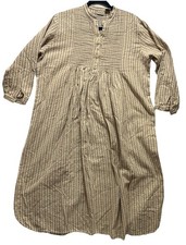 LL Bean Cotton Prairie Style Dress Cotton Ivory Blue Pattern Pintuck Small P E4