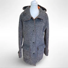 CMP Womens Gray Felt Wool Blend Hooded Coat with Button Front and Pockets Large