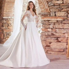 Customized Classic Satin A Line Wedding Dresses V Neck Long Cap Sleeves Bridal