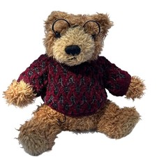 Dan Dee Teddy Bear Brown Plush Stuffed Animal Maroon Sweater Metal Glasses 11"