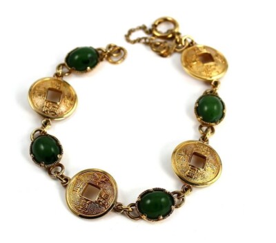 Vintage Mid Century AMCO 14k Nephrite Jade Chinese Coin Link