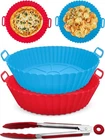 2 x REUSABLE ROUND 6L SILICONE 20.5cm AIR FRYER LINER TRAYS & BONUS TONGS NINJA