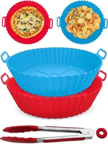 2 x REUSABLE ROUND 6L SILICONE 20.5cm AIR FRYER LINER TRAYS & BONUS TONGS NINJA