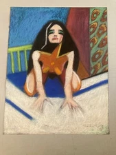 Very Nice Pastel Oil Large Portrait Woman Tan Bust Contemporary Fauvism Bed