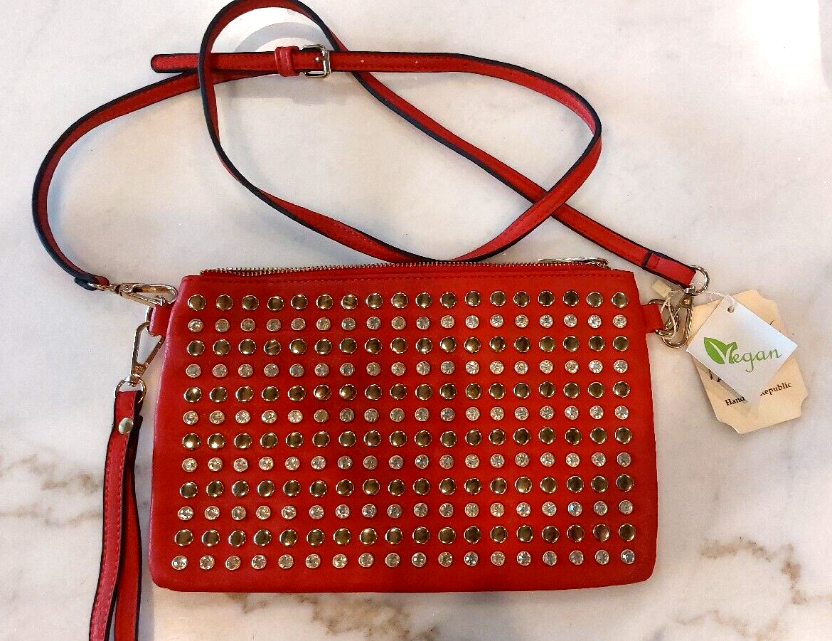 Stylish Rhinestone Studded Leatherette Crossbody Handbag 11x7 NWT-image