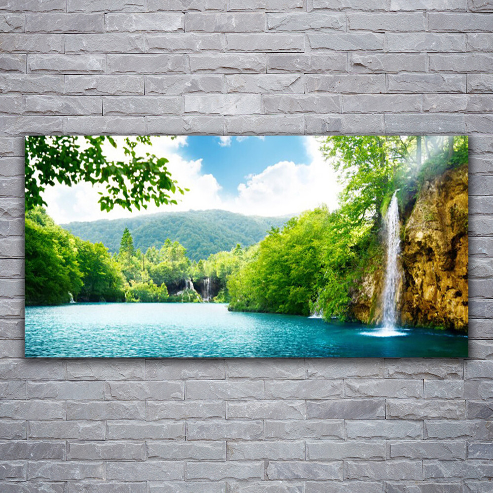 Impression sur verre acrylique de nature avec cascade pour salon lumineux