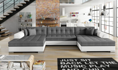 Ecksofa Wohnlandschaft Vera Grau Weiss mit Schlaffunktion U Form XXL Sofa Neu
