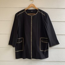 Misook Black Blazer Jacket Gold Trim Zip Front Pocket XL 3/4 Sleeves Unlined