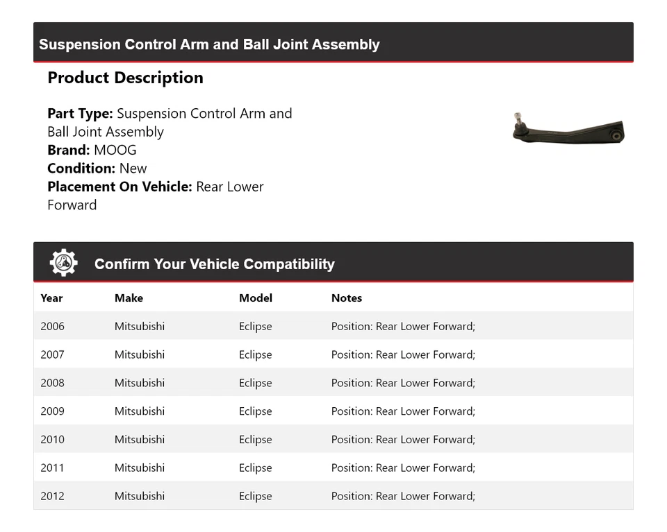 Brazo de control trasero delantero inferior MOOG 2006-2012 para Mitsubishi Eclipse 2006 2007 Foto 2 de 4