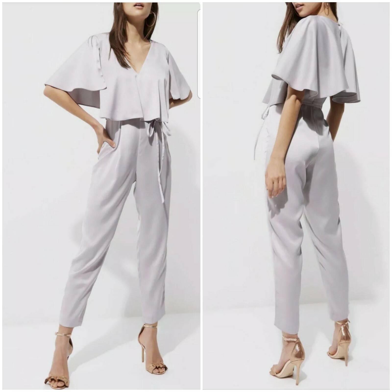 River Island Jumpsuit Cape Ruffle Frill Overlay Detail Silver Grey