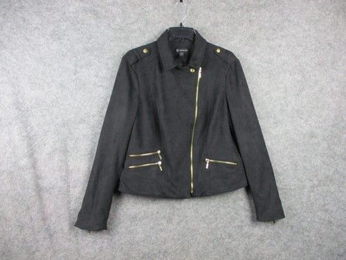 INC Jacket Women Extra Large Black Faux Suede Military Style Lined Golden Zipper - Picture 2 of 14