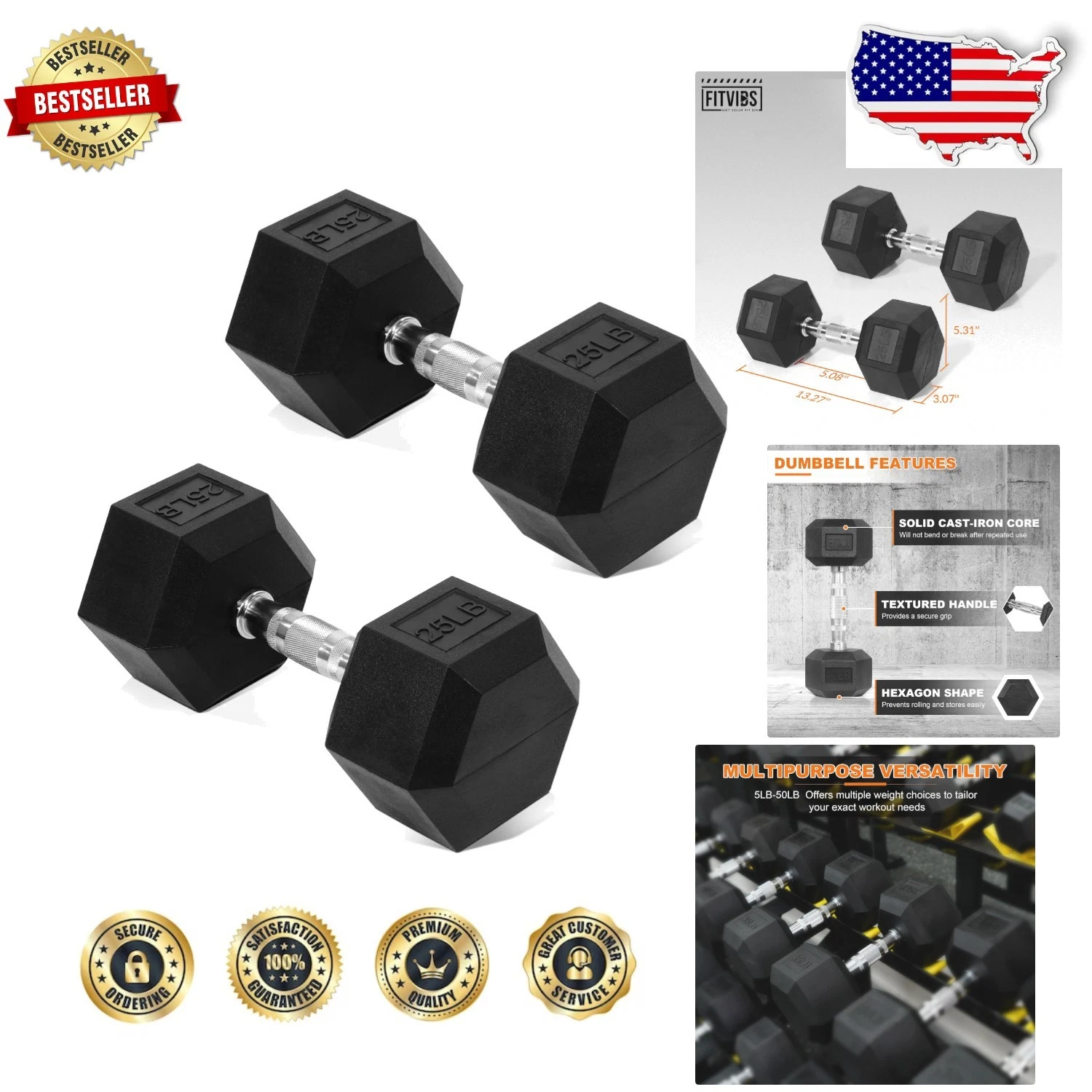 Professional 25lb Dumbbell Pair Encased No-Roll Non-Slip Home Gym
